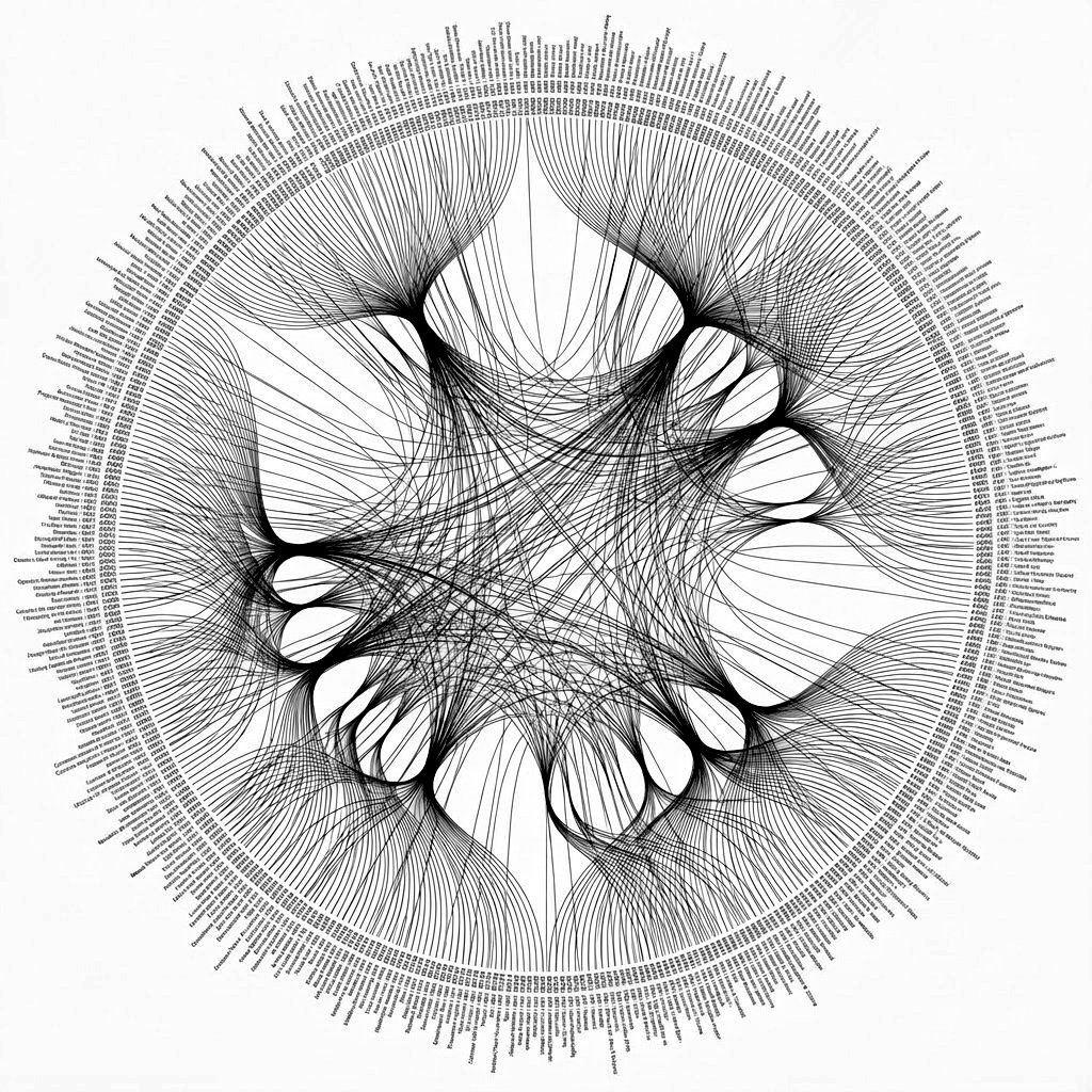 Radial knowledge network diagram showing research themes, publications, and collaborators at AKI